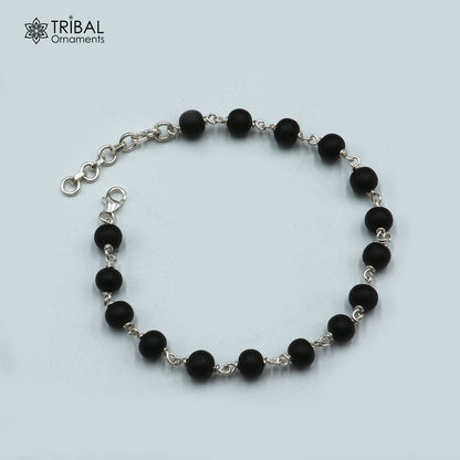 925 Sterling silver karungali black beads bracelet for unisex jewelry sbr783 - TRIBAL ORNAMENTS