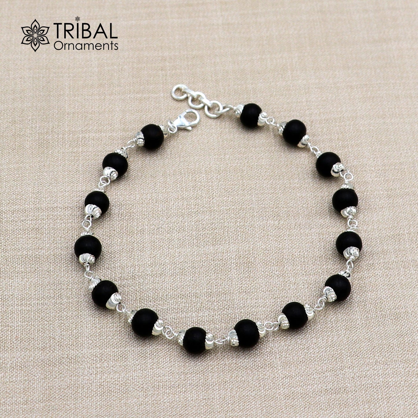 925 Sterling silver karungali black beads bracelet for unisex jewelry sbr784 - TRIBAL ORNAMENTS