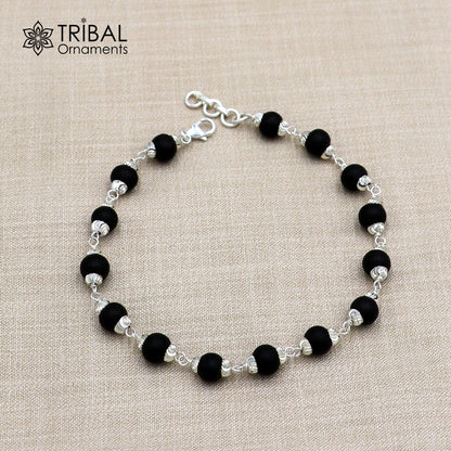 925 Sterling silver Karungali black beads bracelet for unisex jewelry by TRIBAL ORNAMENTS, 6-inch size, detailed silver and black bead design