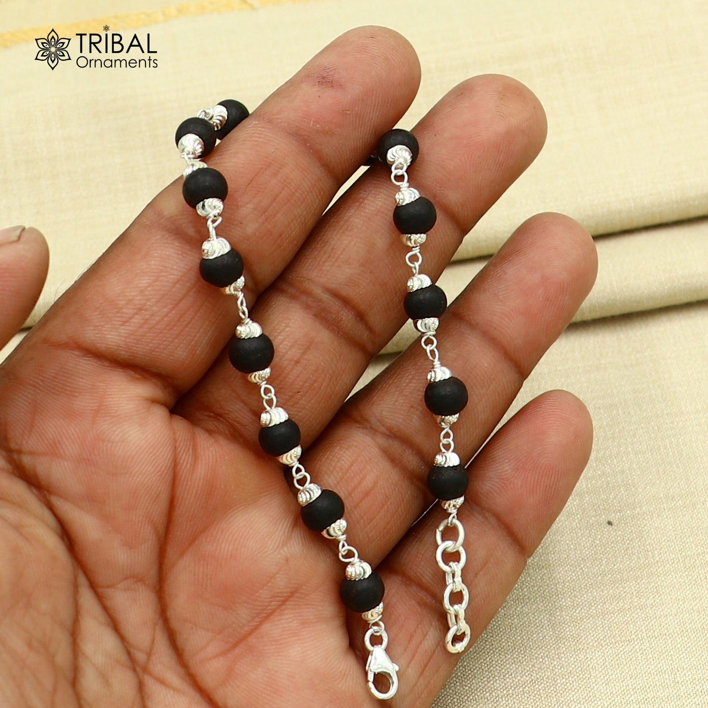925 Sterling silver karungali black beads bracelet for unisex jewelry sbr784 - TRIBAL ORNAMENTS