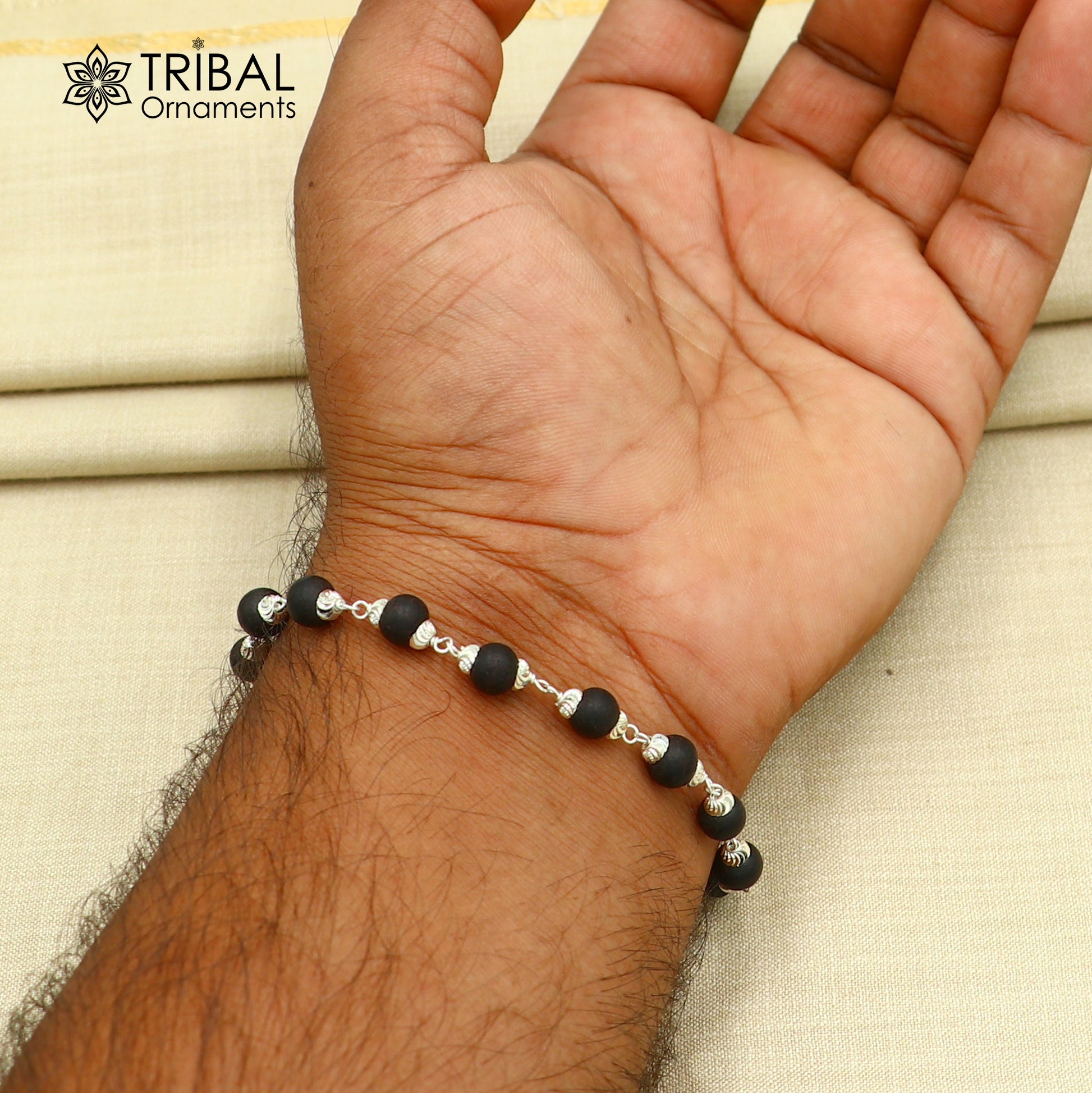 925 Sterling silver karungali black beads bracelet for unisex jewelry sbr784 - TRIBAL ORNAMENTS