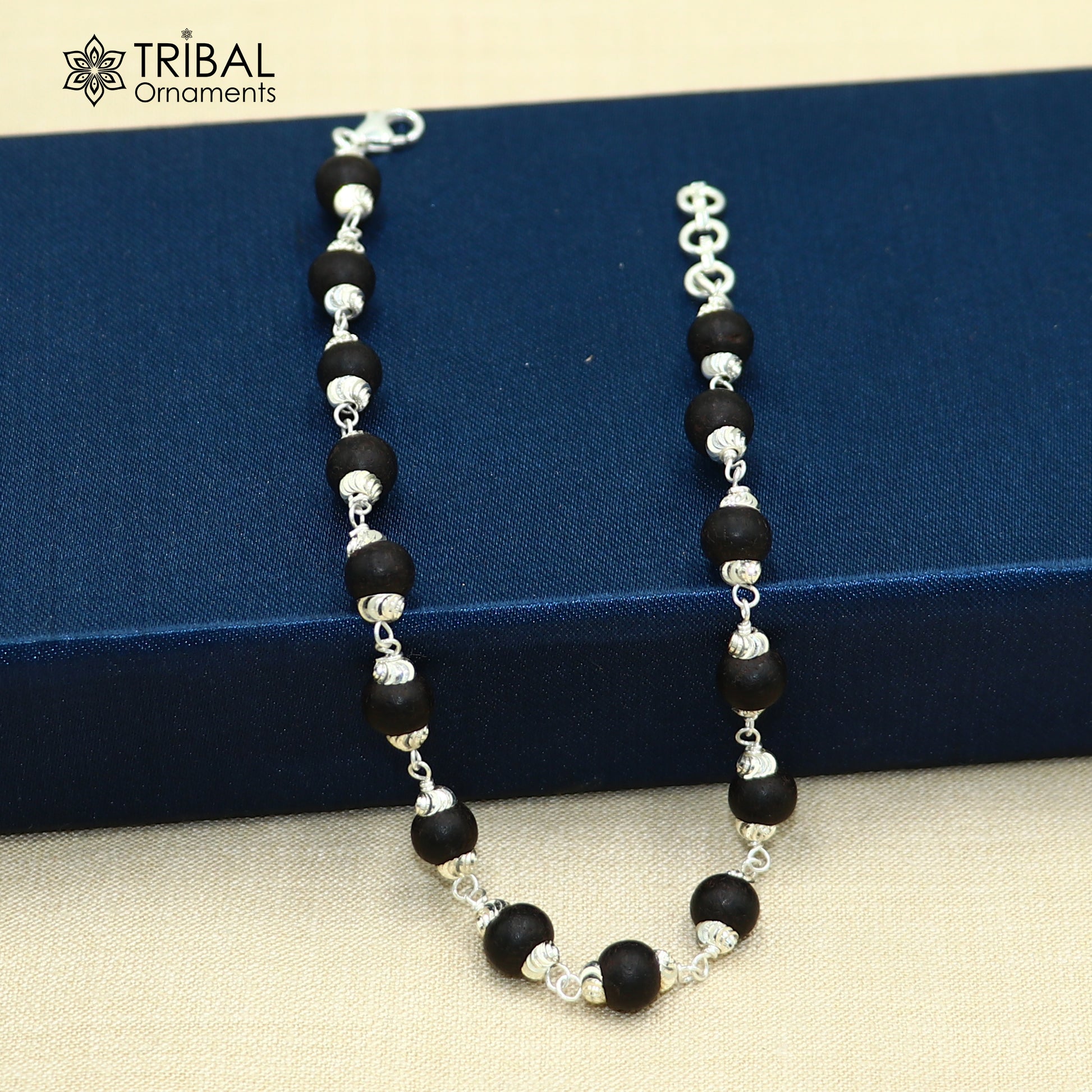 925 Sterling silver karungali black beads bracelet for unisex jewelry sbr784 - TRIBAL ORNAMENTS