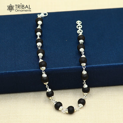 925 Sterling silver Karungali black beads bracelet for unisex jewelry by TRIBAL ORNAMENTS, 6-inch tribal silver beaded bracelet.