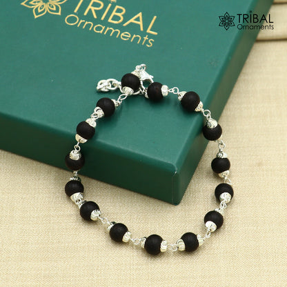 925 Sterling silver Karungali black beads bracelet for unisex jewelry, featuring tribal design and adjustable fit.