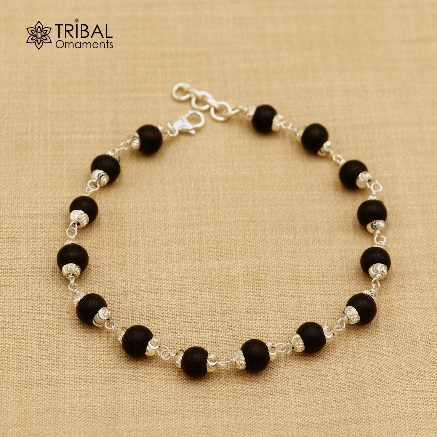 925 Sterling silver karungali black beads bracelet for unisex jewelry sbr784 - TRIBAL ORNAMENTS