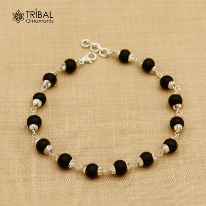 925 Sterling silver Karungali black beads bracelet by TRIBAL ORNAMENTS, unisex jewelry with intricate beaded design.