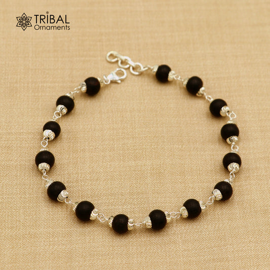 925 Sterling silver karungali black beads bracelet for unisex jewelry sbr784 - TRIBAL ORNAMENTS