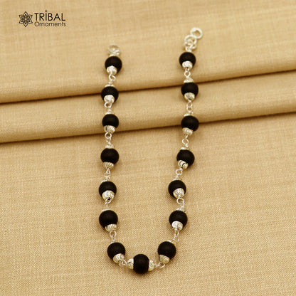 925 Sterling silver Karungali black beads bracelet for unisex jewelry by Tribal Ornaments, 6-inch tribal silver bracelet.