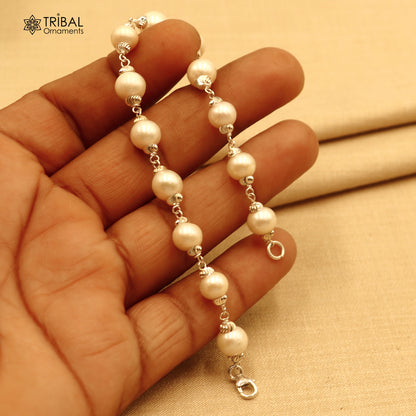 Unisex 6-inch 925 sterling silver bracelet with pearl beads from TRIBAL ORNAMENTS, showcasing elegant jewelry design.