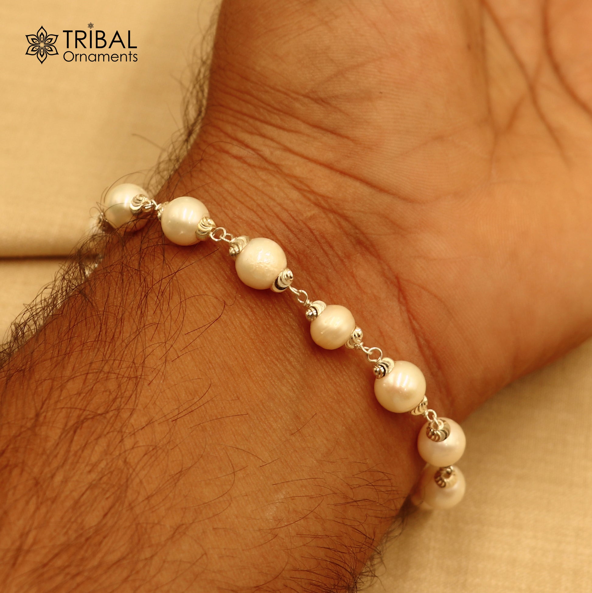 925 Sterling silver pearl beads bracelet for unisex jewelry sbr786 - TRIBAL ORNAMENTS