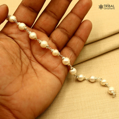 Unisex 6-inch 925 sterling silver bracelet with pearl beads from TRIBAL ORNAMENTS, showcasing elegant jewelry design.