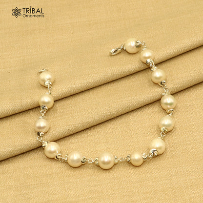 Unisex 925 sterling silver bracelet with pearl beads from TRIBAL ORNAMENTS, 6-inch length, stylish and elegant jewelry accessory.