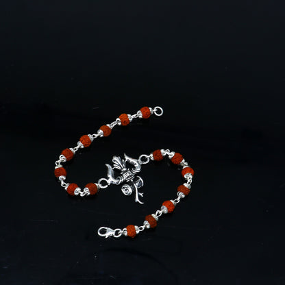 925 Sterling silver Rudraksha beaded Lord Shiva trident bracelet with intricate trishul design by TRIBAL ORNAMENTS.