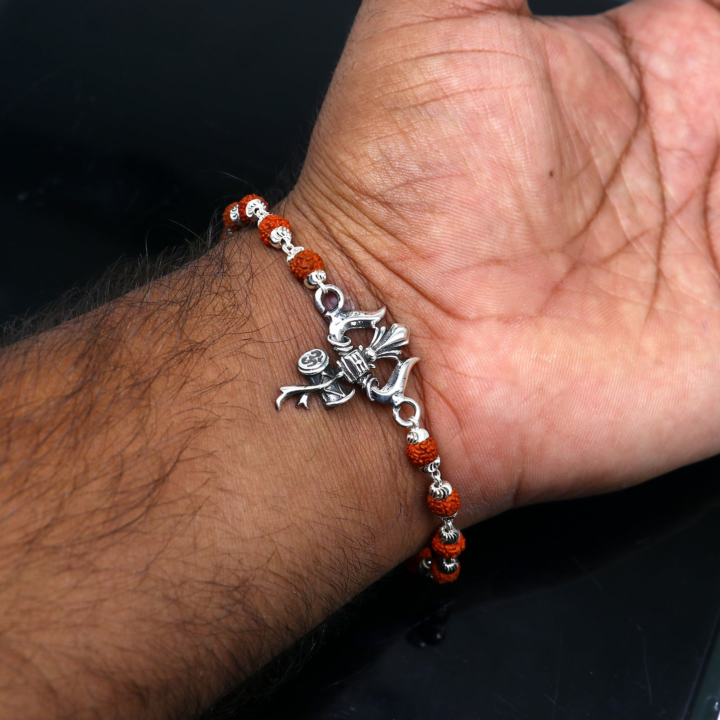 925 Sterling silver customized rudraksha beaded Lord Shiva trident / trishul  Rakhi bracelet. best gift for your brother's of special Rakshabandhan rk406 - TRIBAL ORNAMENTS