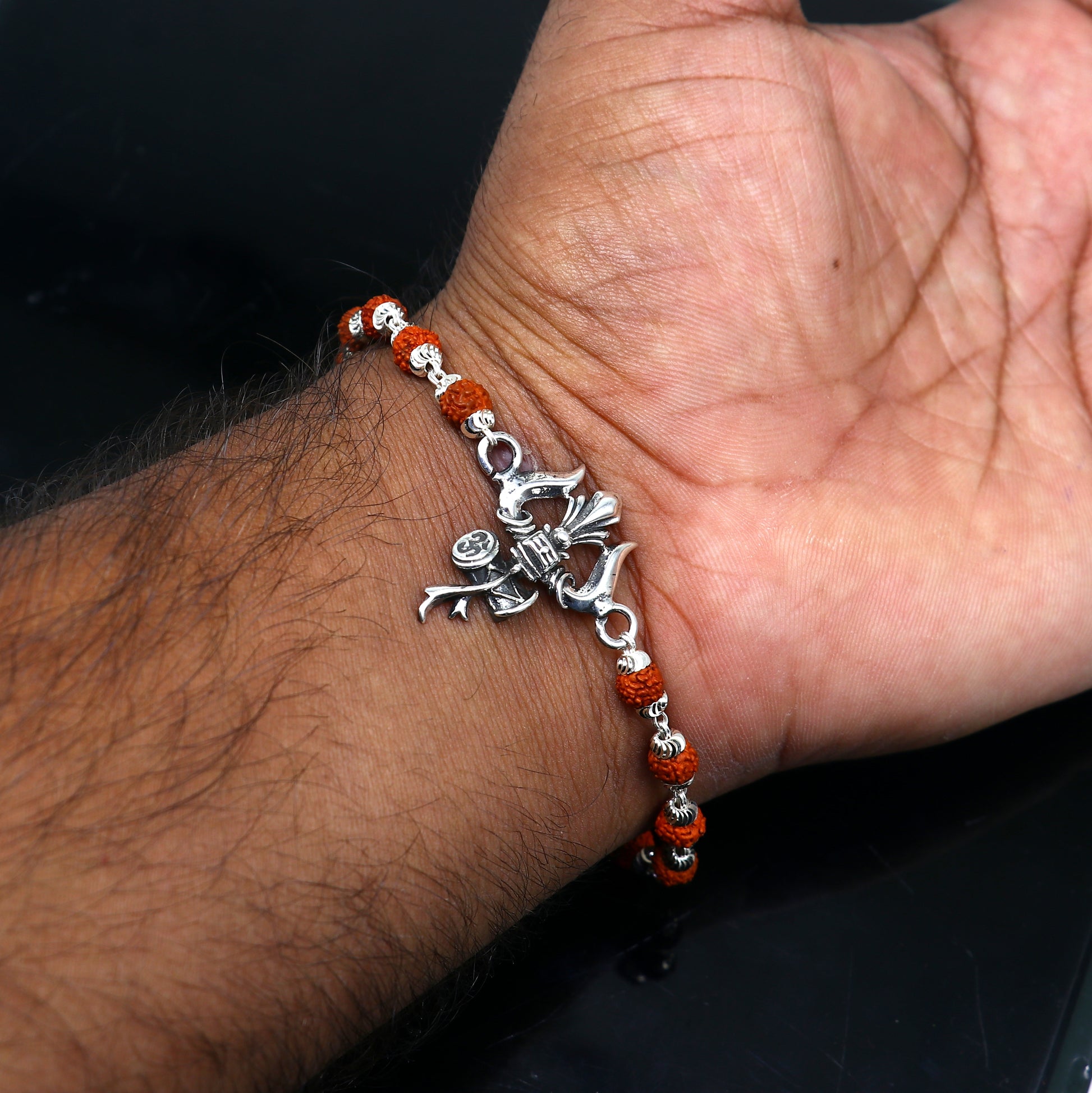 925 Sterling silver customized rudraksha beaded Lord Shiva trident / trishul  Rakhi bracelet. best gift for your brother's of special Rakshabandhan rk406 - TRIBAL ORNAMENTS