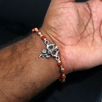 925 Sterling silver Rudraksha beaded Lord Shiva trident bracelet with trishul design by TRIBAL ORNAMENTS.