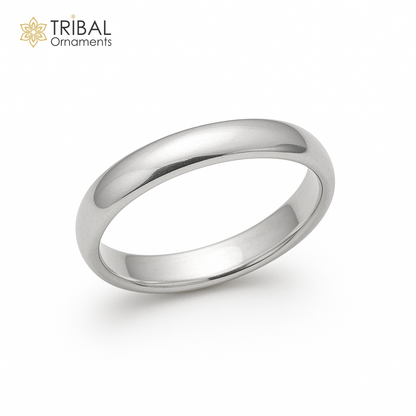Sterling silver D-shaped ring band, 3mm wide, with a smooth half-round design, ideal for wedding or anniversary gift.