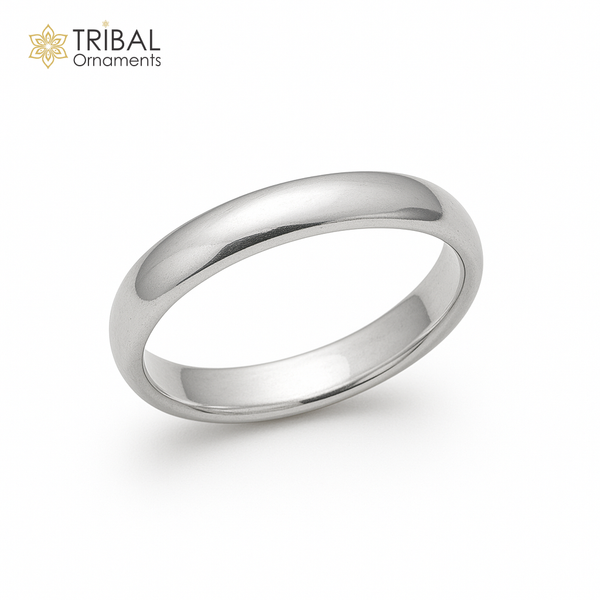 Sterling silver D-shaped ring band, 3mm wide, with a smooth half-round design, ideal for wedding or anniversary gift.