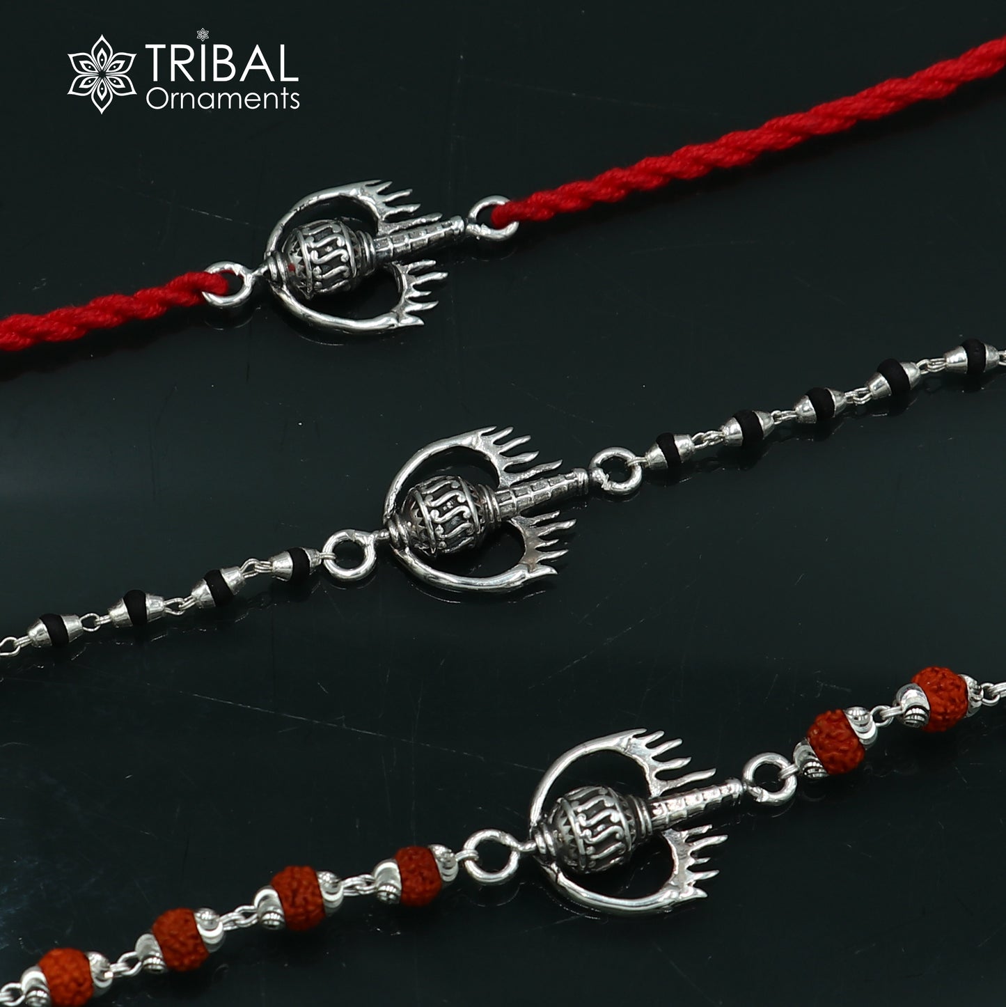 925 sterling silver Hanuman weapon and Gota bracelet rakhi with intricate tribal design, handcrafted by Tribal Ornaments.