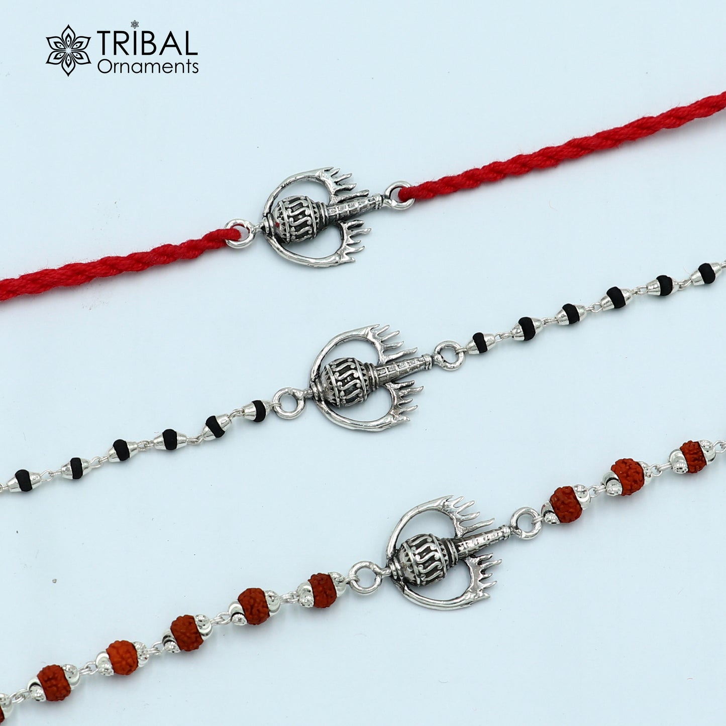 925 sterling silver Hanuman weapon and Gota bracelet rakhi from Tribal Ornaments, featuring intricate tribal design and detailed craftsmanship.