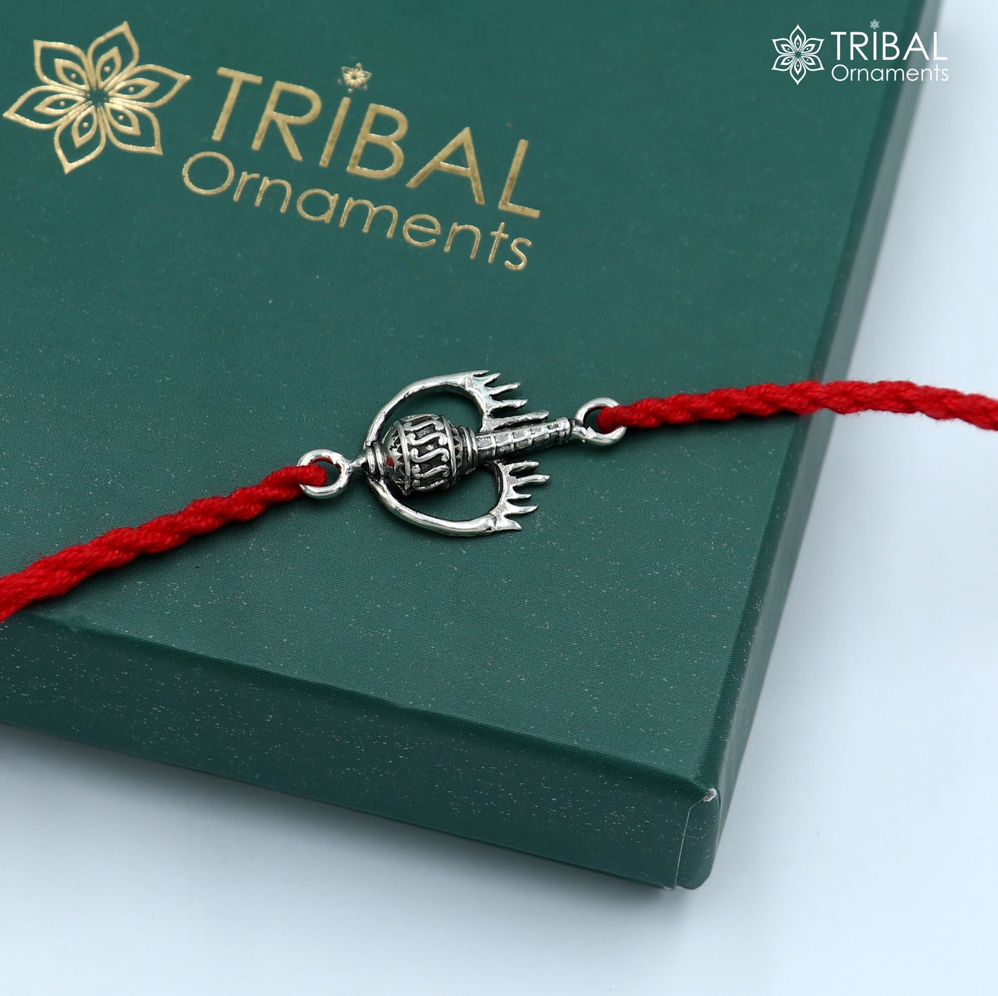925 sterling silver Hanuman weapon and Gota bracelet rakhi with intricate tribal design, handcrafted by TRIBAL ORNAMENTS.