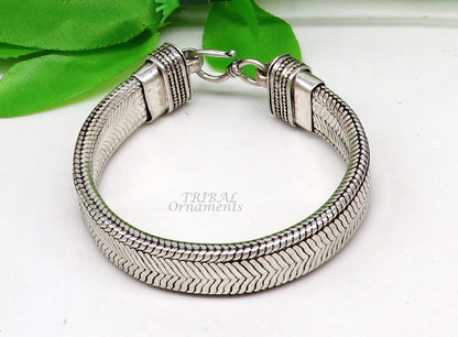 925 sterling silver wheat chain bracelet by Tribal Ornaments, handmade unisex jewelry with vintage design and flexible belt style.