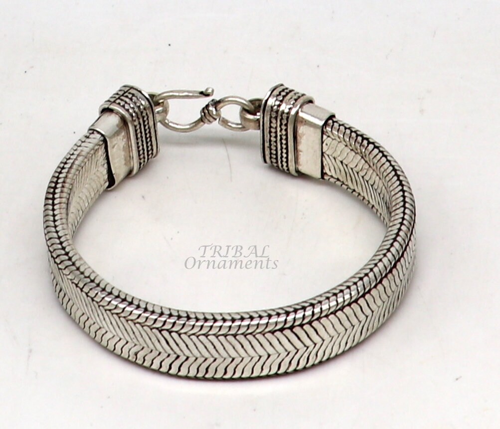 Unisex 925 sterling silver wheat chain bracelet with vintage design, handcrafted tribal jewelry from Rajasthan, India.