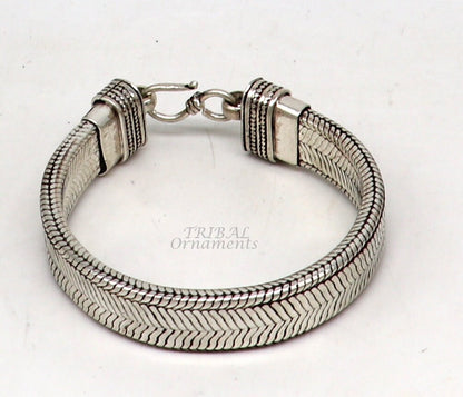 Unisex 925 sterling silver wheat chain bracelet with vintage design, handcrafted tribal jewelry from Rajasthan, India.