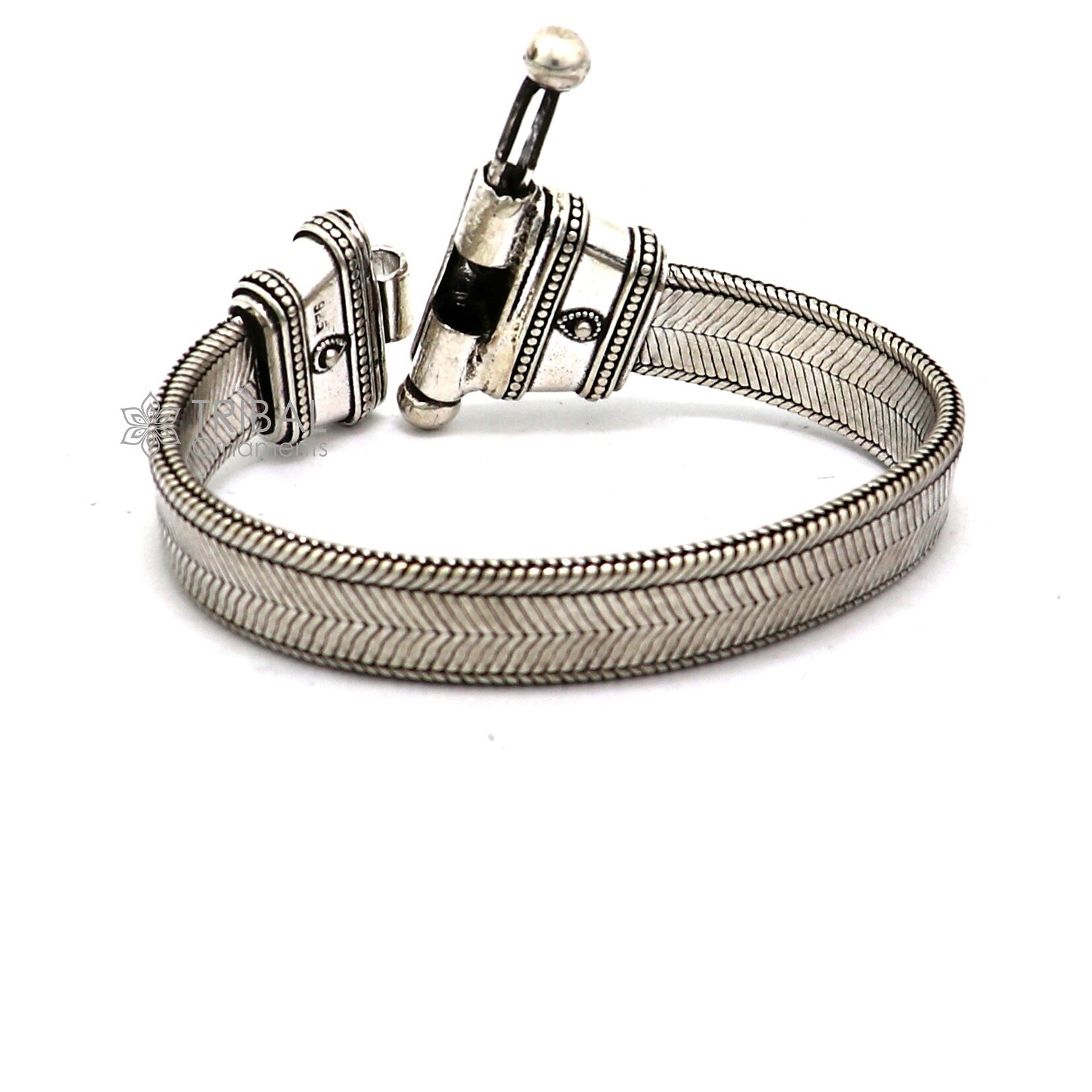 Unisex 925 sterling silver wheat chain bracelet belt with vintage style, handmade tribal jewelry from Rajasthan, India.
