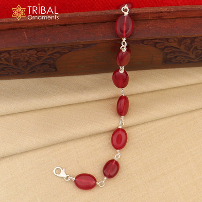 925 sterling silver handmade long bracelet with oval-shaped red jade gemstone, unisex jewelry by TRIBAL ORNAMENTS