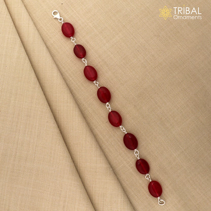 925 silver handmade long bracelet featuring an oval-shaped red jade gemstone, unisex jewelry by TRIBAL ORNAMENTS.