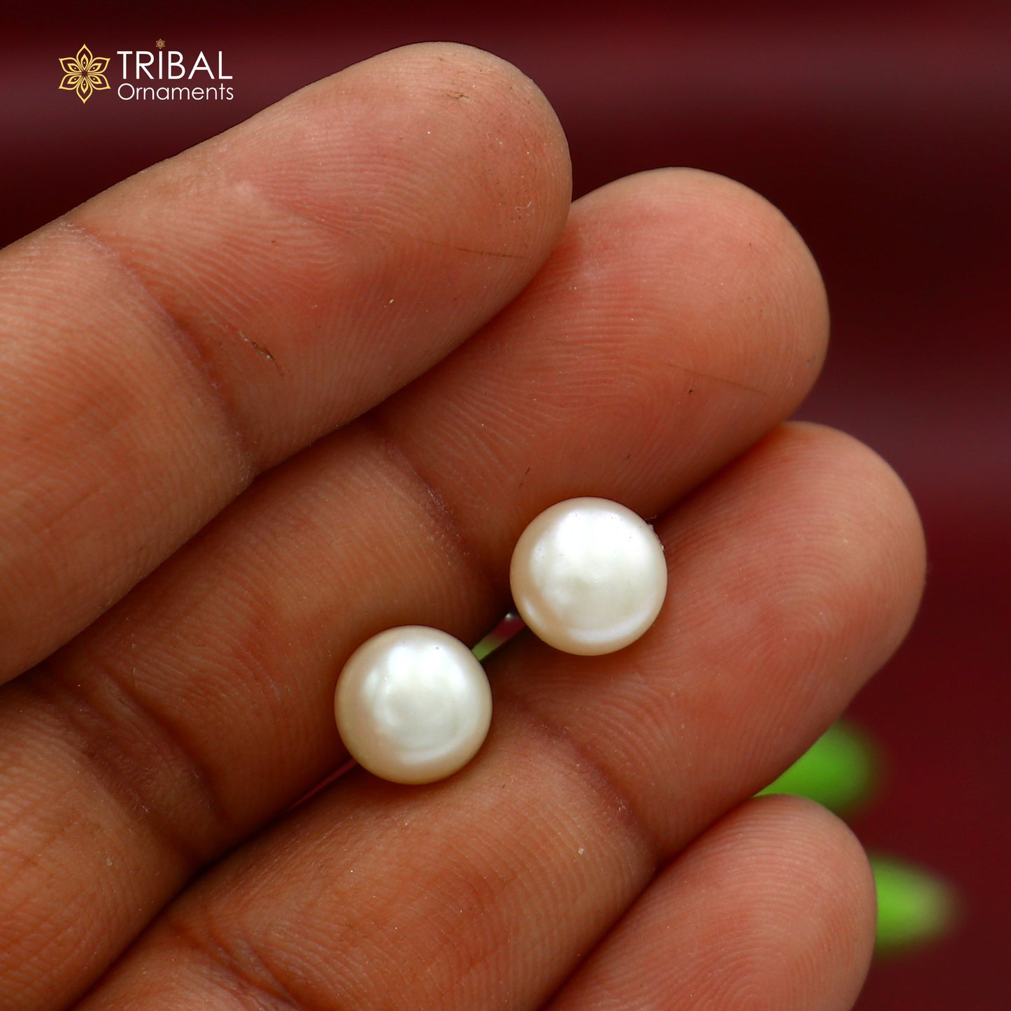 Round 925 sterling silver stud earrings with lustrous pearl stones, unisex jewelry suitable for daily wear by Tribal Ornaments.