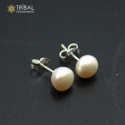Round 7mm 925 sterling silver stud earrings with pearl stones, unisex jewelry, ideal for daily wear.