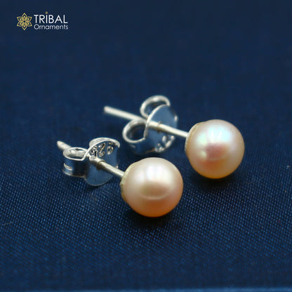 Round 925 sterling silver stud earrings with lustrous pearl stones, unisex jewelry suitable for daily wear.