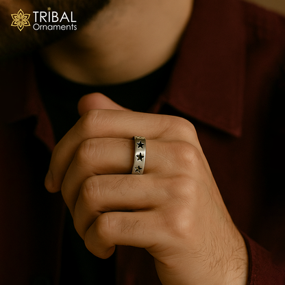 Unisex silver ring with star forge design in 925 sterling silver by Tribal Ornaments, showcasing detailed craftsmanship.