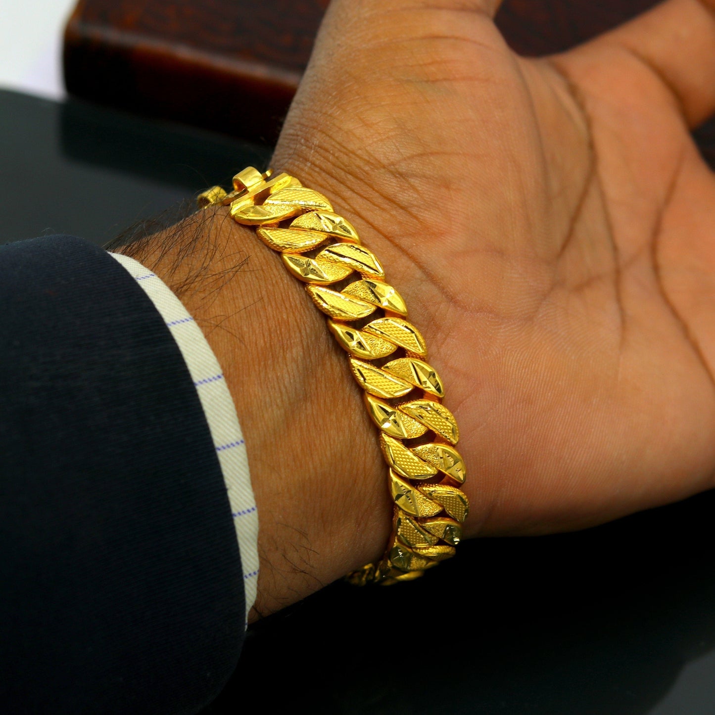 8"/8.5"/9" 22kt yellow gold custom made stylish design fabulous flexible bracelet, best gift unisex personalized gold fancy jewelry br47 - TRIBAL ORNAMENTS