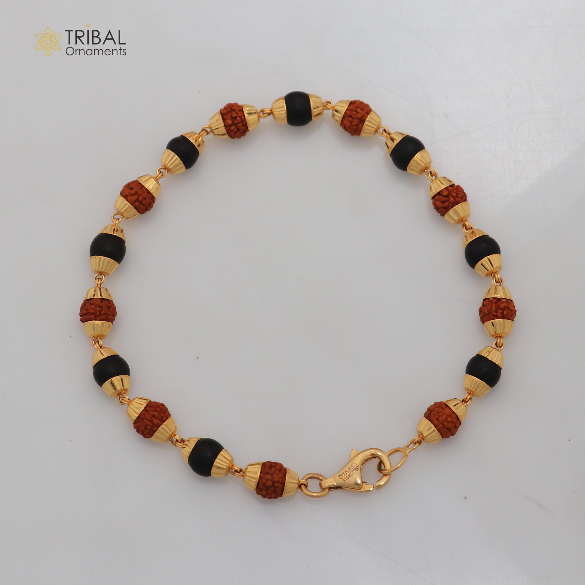 22kt yellow gold Karungali with Rudraksha beads Bracelet men's Certified jewelry gbr84 - TRIBAL ORNAMENTS