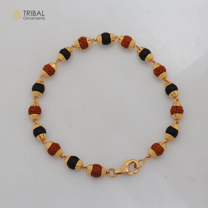 22kt yellow gold Karungali and Rudraksha beads bracelet for men, handmade tribal jewelry, hallmarked 916, certified spiritual accessory.