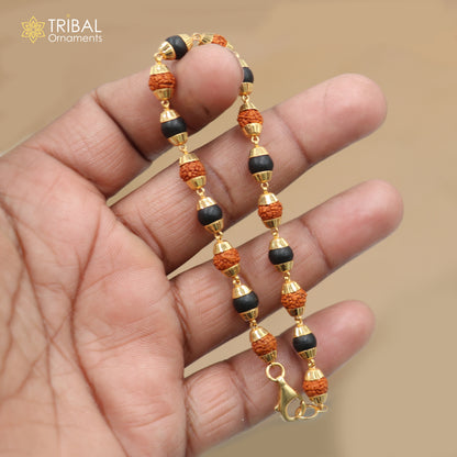 22kt yellow gold Karungali and Rudraksha beads bracelet for men, handmade tribal ornament jewelry with certification.