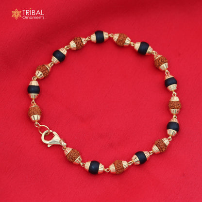 22kt yellow gold Karungali and Rudraksha beads bracelet for men, handcrafted tribal jewelry with certified 916 hallmark.