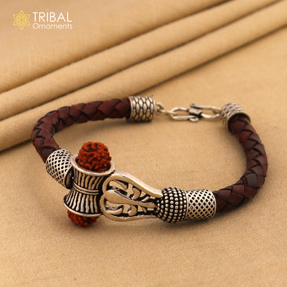 Sterling silver Lord Shiva Rudraksha bracelet with trident design and leather strap, crafted by Tribal Ornaments, ideal gift for him.