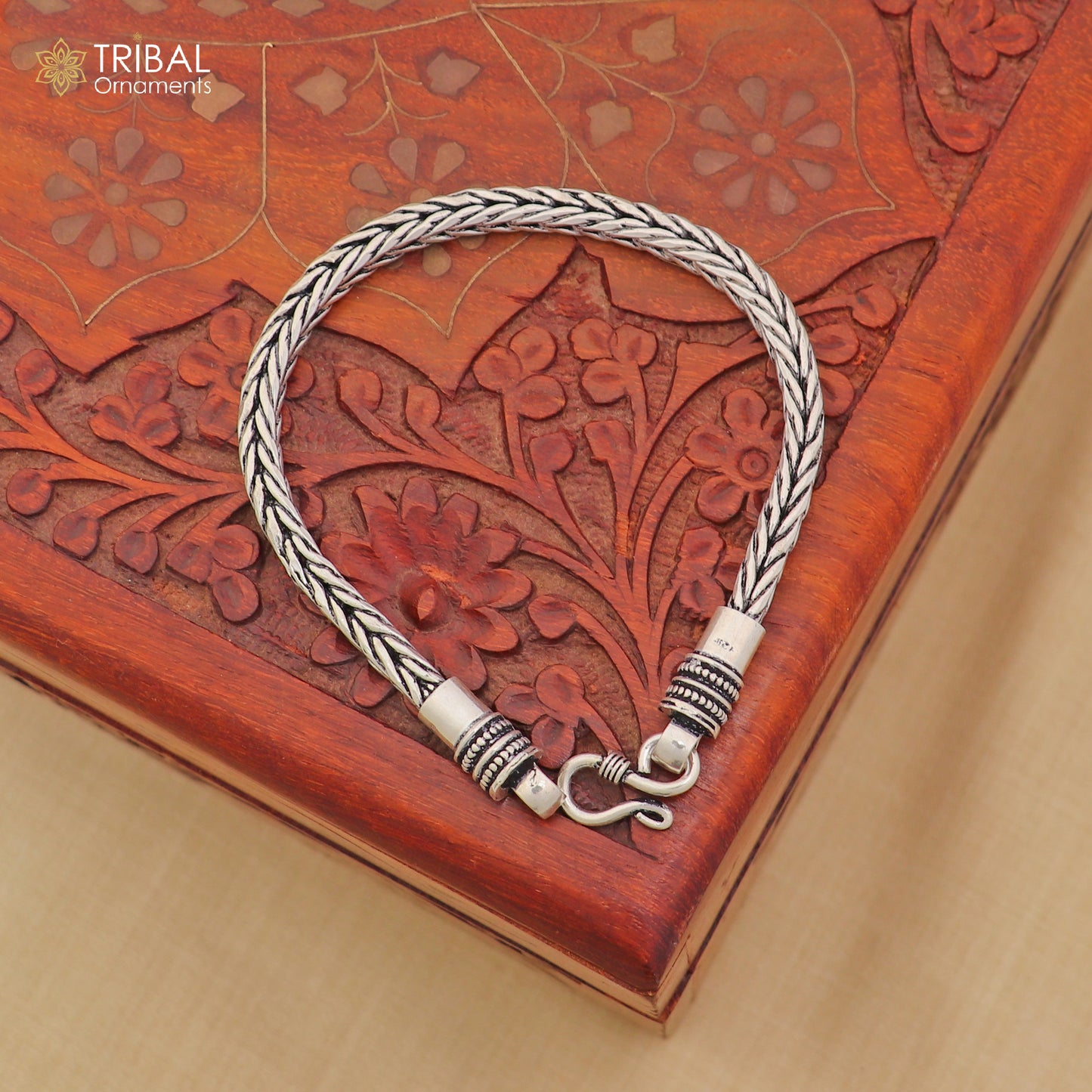 Unisex 8.5-inch 925 sterling silver Wheat heavy chain bracelet with intricate link design from TRIBAL ORNAMENTS.