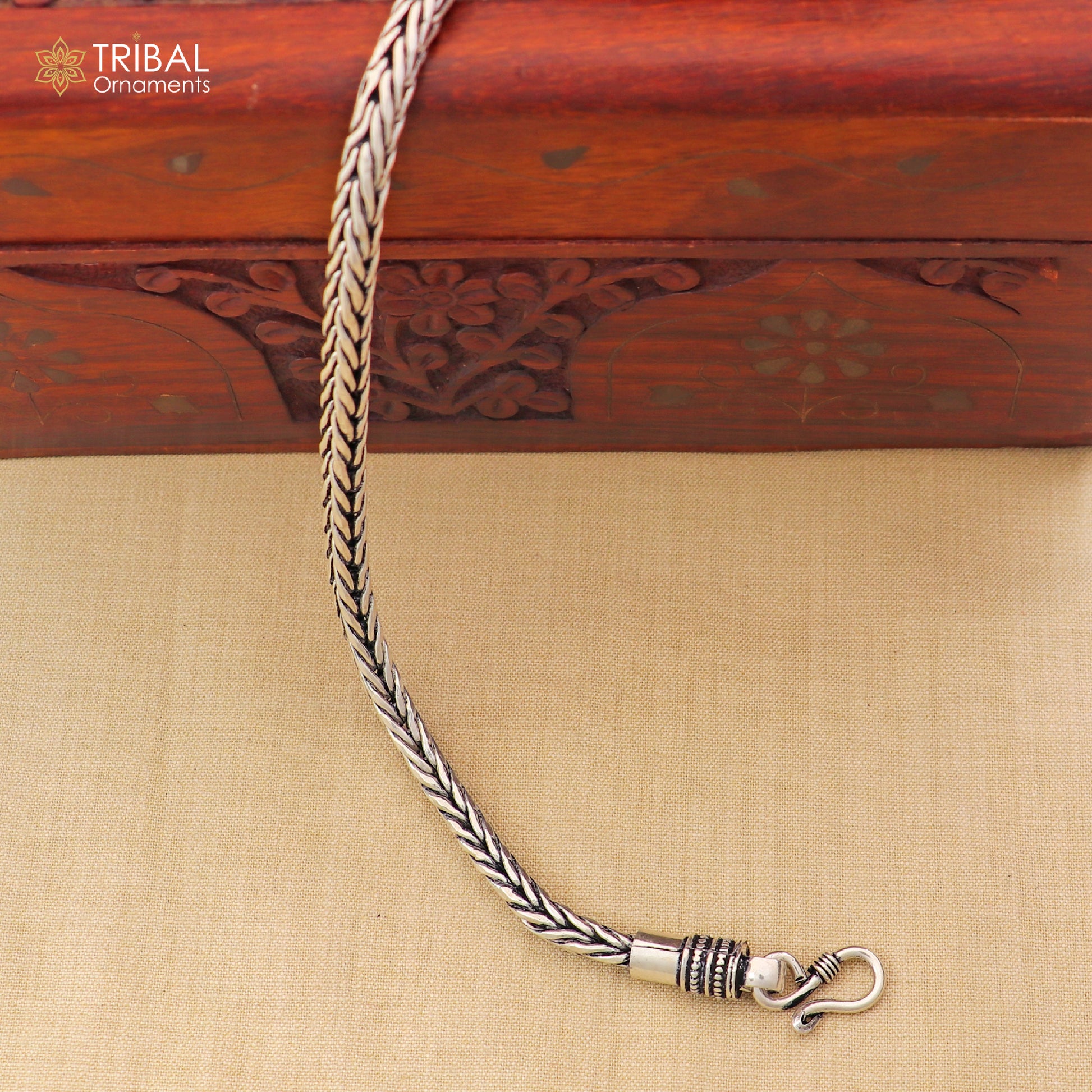 925 sterling silver Wheat heavy chain bracelet by Tribal Ornaments, unisex jewelry featuring a durable, detailed silver chain design