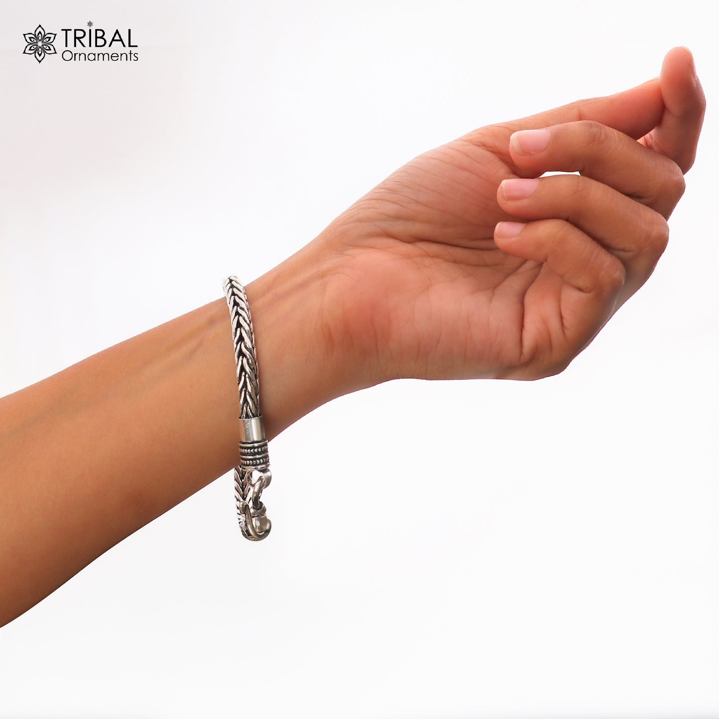 925 sterling silver Wheat heavy chain bracelet by TRIBAL ORNAMENTS, unisex jewelry with a bold, textured design on a silver chain.