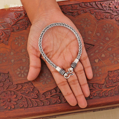 Unisex 8.5-inch 925 sterling silver Wheat heavy chain bracelet with intricate links, crafted by TRIBAL ORNAMENTS.