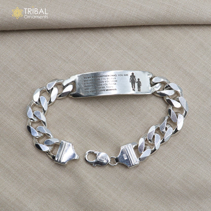 925 sterling silver heavy chain personalized men's bracelet by TRIBAL ORNAMENTS, showing detailed silver chain and customizable design.