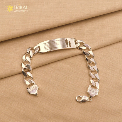 Sterling silver men's personalized heavy chain bracelet with intricate design, 8 inches, from TRIBAL ORNAMENTS.