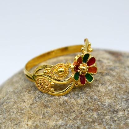 22KT yellow gold handmade flower design ring with filigree work, unisex band from Rajasthan, India by TRIBAL ORNAMENTS.