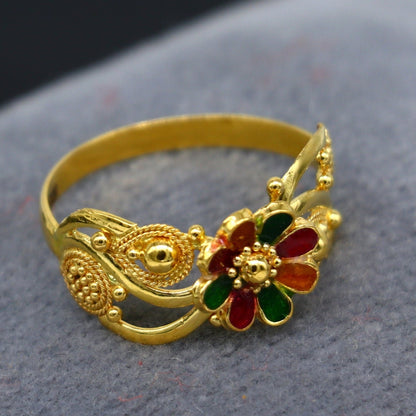 22KT yellow gold handmade flower design ring with filigree work, unisex band from Rajasthan, India by TRIBAL ORNAMENTS.