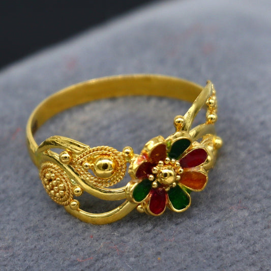 22kt karat yellow gold handmade flower design ring fabulous filigree work band unisex ring from Rajasthan India ring37 - TRIBAL ORNAMENTS